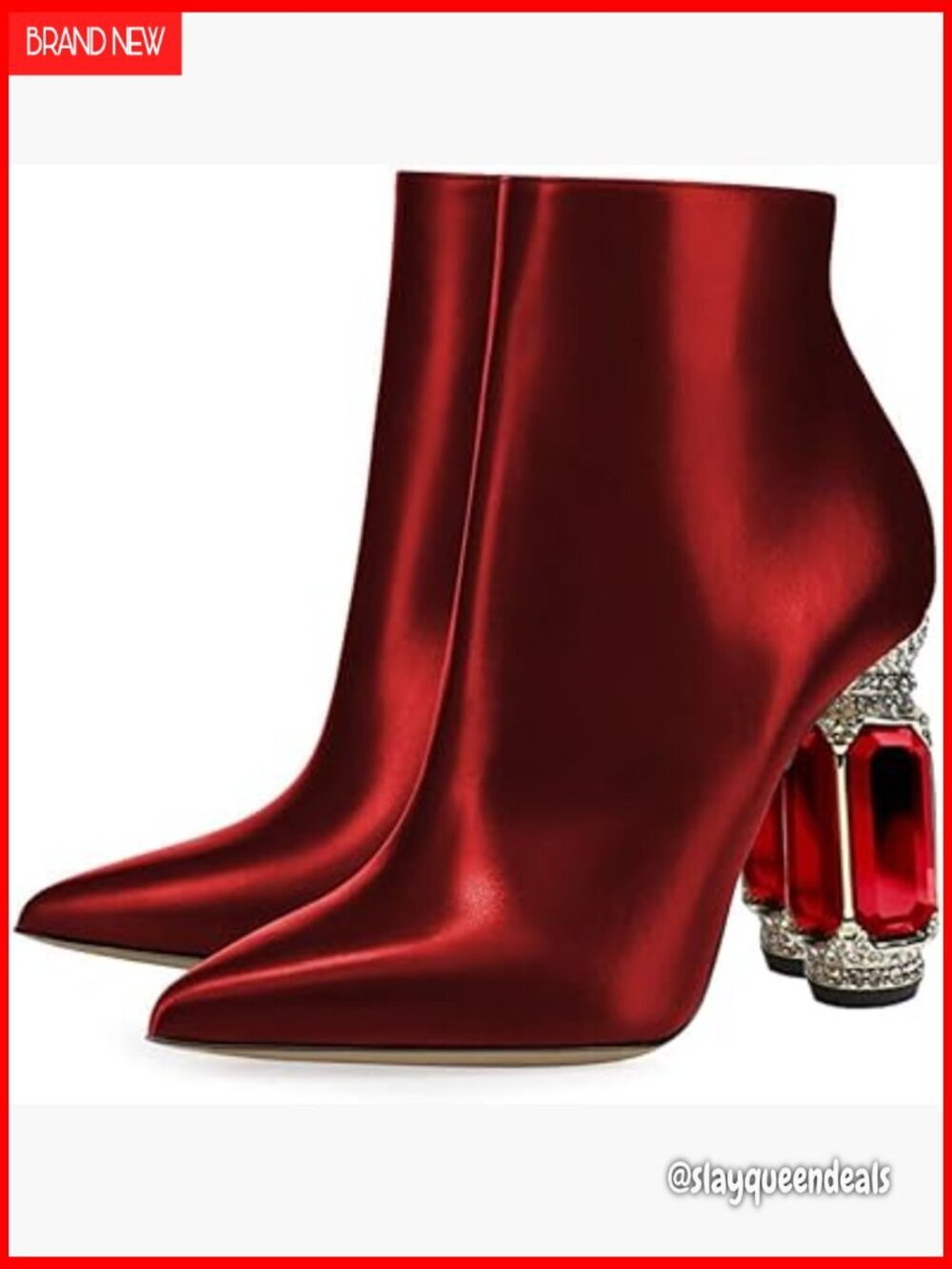 Pointed Toe Crystal Chunky Block Heel Ankle Boots Side Zipper Size 4-15